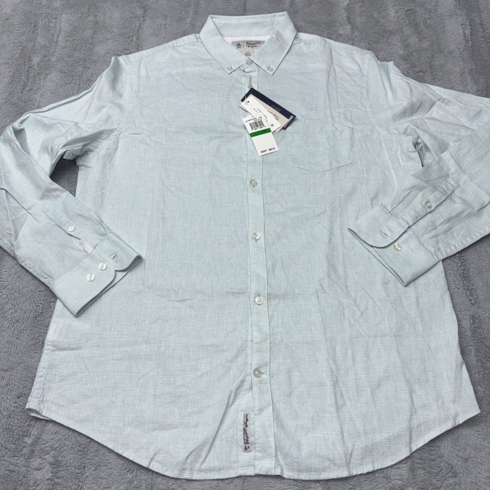 Penguin linen-blend long sleeve button-down shirt in Cool‎ Blue Lg NWT